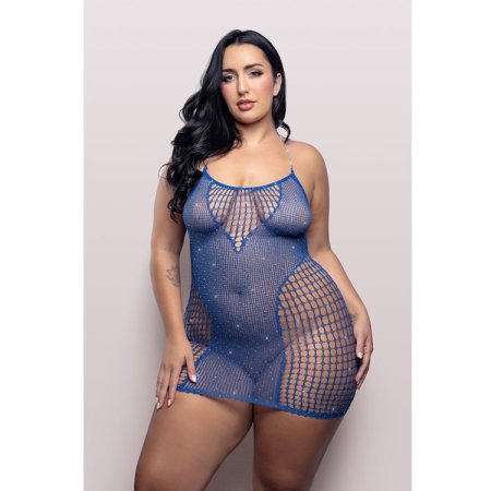 (image for) WHEN STARS ALIGN Rhinestone halter dress in opaque and grid rhinestone fishnet (Blue)