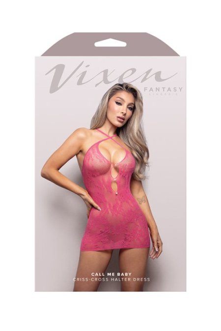 (image for) CALL ME BABY Criss-cross halter tie dress with pearl rivet details in lace knit (Hot Pink)