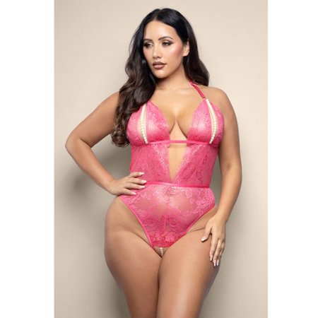 (image for) Crotchless teddy with split pearl string cups, cut-out back and adjustable pearl g-string in shimmer lace