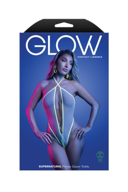 (image for) SUPERNATURAL Glow-in-the-dark plunge zipper teddy with halter ties (White)