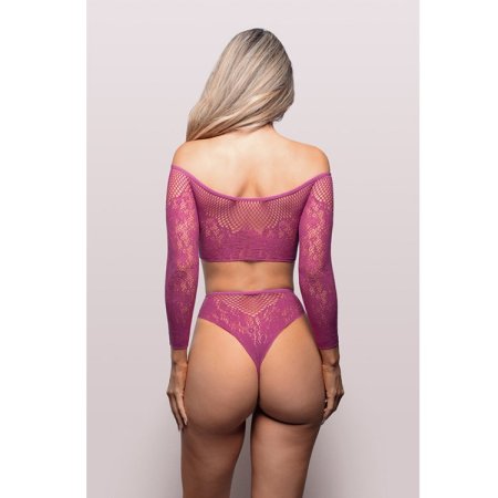(image for) O/S - YOUR DESIRE Off-the-shoulder long sleeve top & panty in scalloped lace knit and fishnet (Magenta)