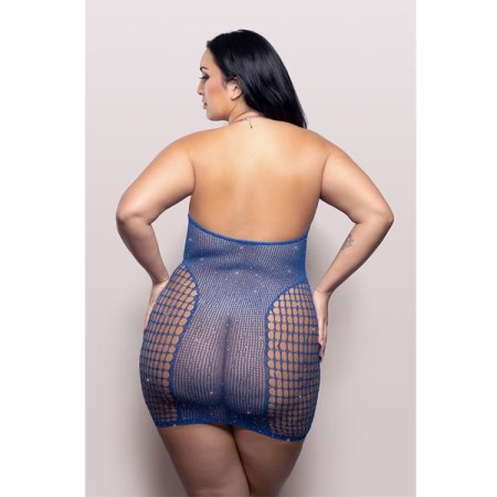 (image for) WHEN STARS ALIGN Rhinestone halter dress in opaque and grid rhinestone fishnet (Blue)